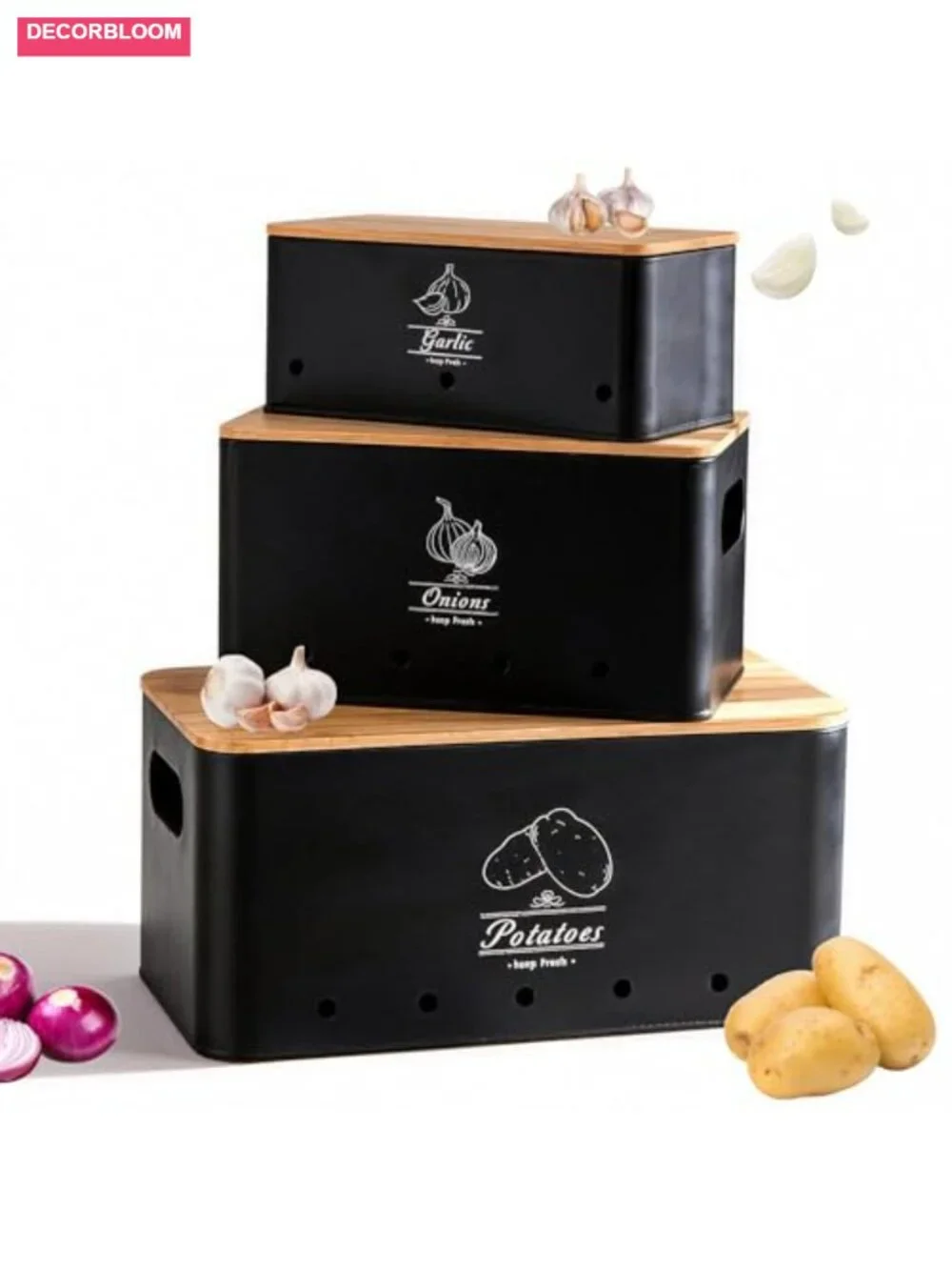Potato Onion Garlic Storage Bin Set of 3, Black Metal Canisters with Bamboo